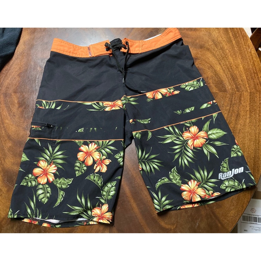 Ron Jon Surf Board Shorts Floral Pattern Size 28 Side Zip Pocket Preowned - Picture 10 of 11
